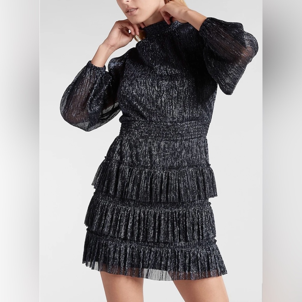 NWT Express Metallic Smocked Mock Neck Tiered Ruffle Dress Navy Blue Small $88